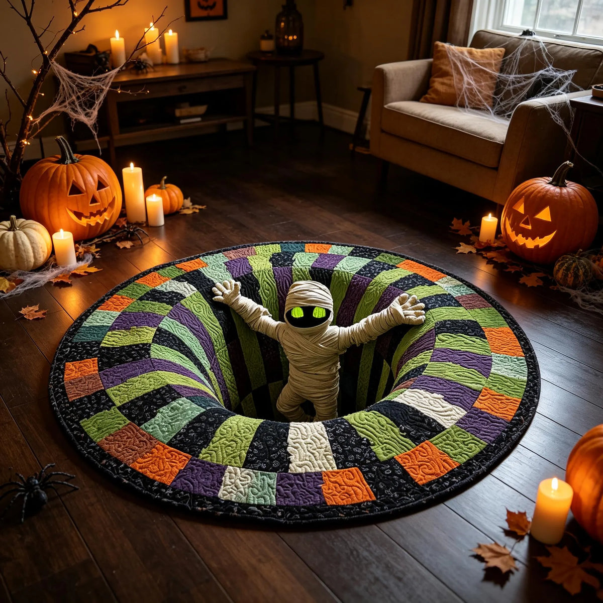 3D Optical Illusion Halloween Round Rug - Gothic Vortex Floor Decor for Spooky Indoor Celebrations and Gifts
