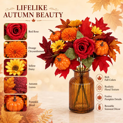 Aesthetic Fall Floral Stems for Thanksgiving Décor - Artificial Leaves for Centerpieces, Pumpkin, Sunflower, and Autumn Greenery for Home and Wedding Design (Set of 4)
