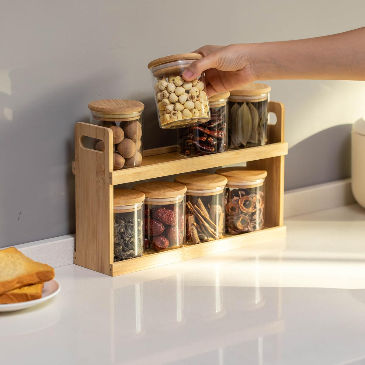 Versatile 2-Tier Bamboo Spice Rack and Pantry Organizer with 8 Glass Jars – Perfect for Countertop Storage in Kitchens to Keep Seasoning Containers Neatly Displayed and Easily Accessible