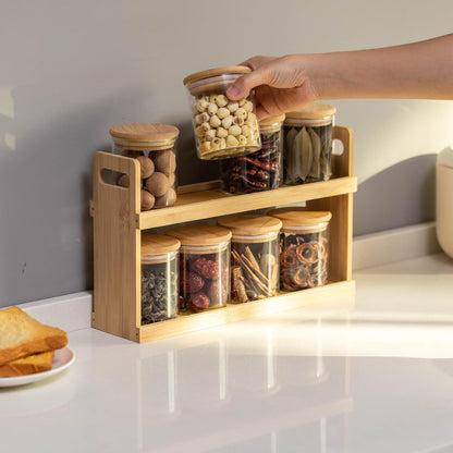Versatile 2-Tier Bamboo Spice Rack and Pantry Organizer with 8 Glass Jars – Perfect for Countertop Storage in Kitchens to Keep Seasoning Containers Neatly Displayed and Easily Accessible