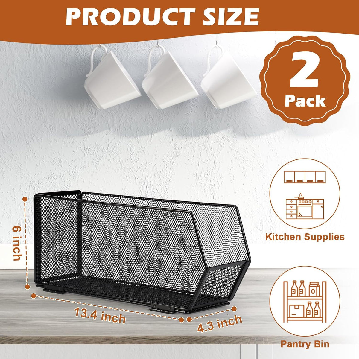 2 Pack Tall Narrow Pantry Storage Bin Metal Narrow Organizer Bins Black Pantry Organizers and Storage Bins Fold Tall Narrow Kitchen Storage Bins 13.4X4.3X6 Tall Narrow Kitchen Organizer for Cabinet