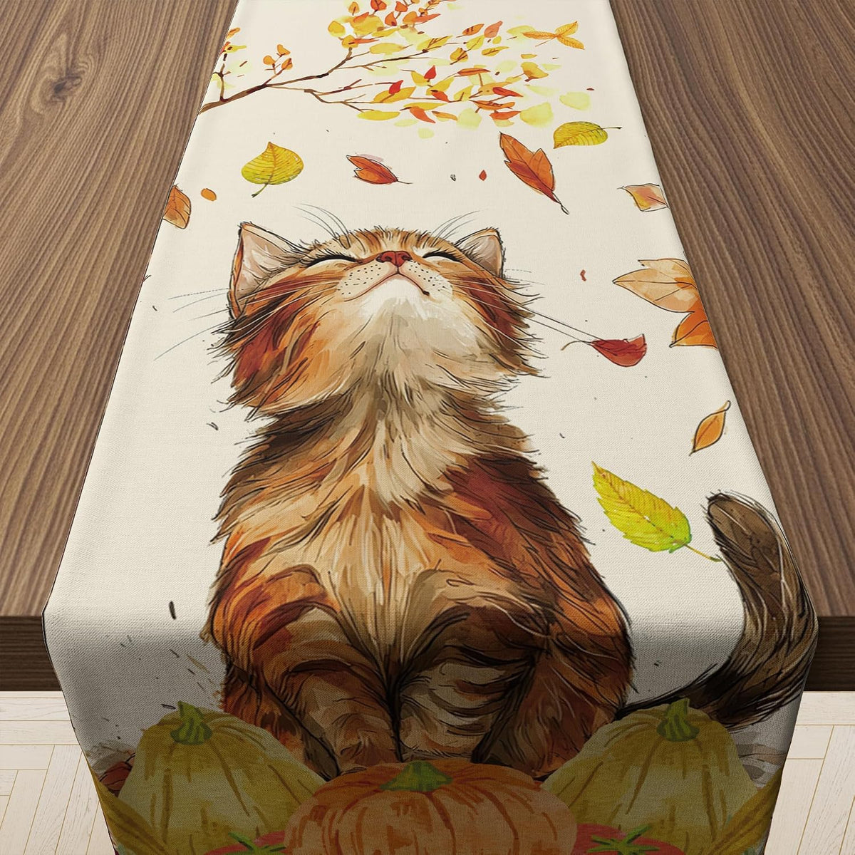 Autumn Cat Pumpkin Table Runner - Elegant Fall Home Decorations for Thanksgiving and Friendsgiving - Ideal Centerpiece for Kitchen, Dining Room, and Office