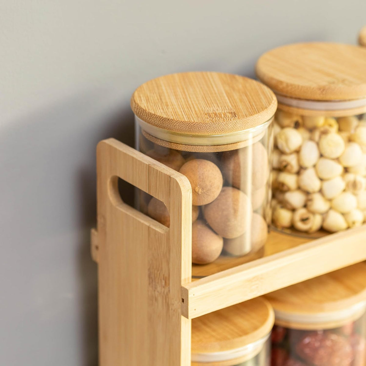 Versatile 2-Tier Bamboo Spice Rack and Pantry Organizer with 8 Glass Jars – Perfect for Countertop Storage in Kitchens to Keep Seasoning Containers Neatly Displayed and Easily Accessible