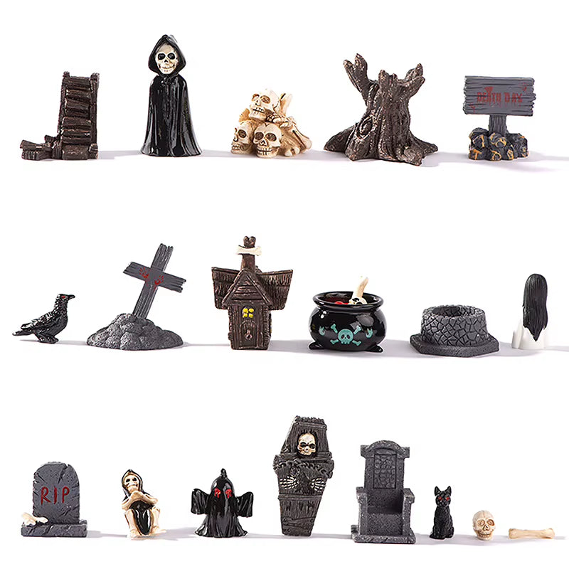 Halloween-Themed Resin Ghost Skull Tombstone Miniature Figurines for Dollhouse and Home Decor