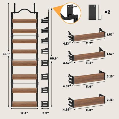 8-Tier Pantry Door Organizer, over the Door Pantry Organizer with Wooden Adjustable Baskets, 2 in 1 Spice Rack Wall Mount or Door Organizer, Door Spice Rack（12.4"W X 5.5"D X 66.1"H,1 Pack, Black)