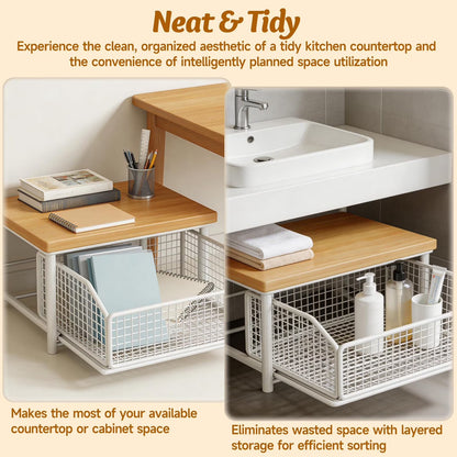 2-Tier Kitchen Countertop Organizer, 9.84X14.57Inch Hardwood Shelf with Drawer and Wire Basket, Space-Saving Storage Stand for Microwave, Coffee Maker, Spice Rack, Pantry Organization for Home