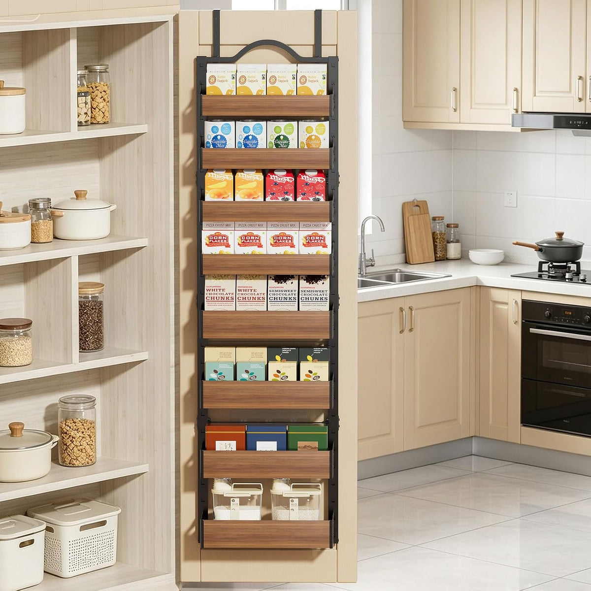 8-Tier Pantry Door Organizer, over the Door Pantry Organizer with Wooden Adjustable Baskets, 2 in 1 Spice Rack Wall Mount or Door Organizer, Door Spice Rack（12.4"W X 5.5"D X 66.1"H,1 Pack, Black)