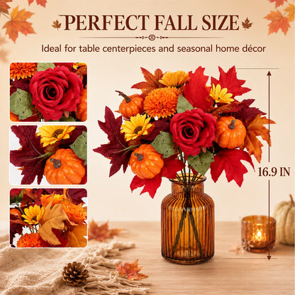 Aesthetic Fall Floral Stems for Thanksgiving Décor - Artificial Leaves for Centerpieces, Pumpkin, Sunflower, and Autumn Greenery for Home and Wedding Design (Set of 4)
