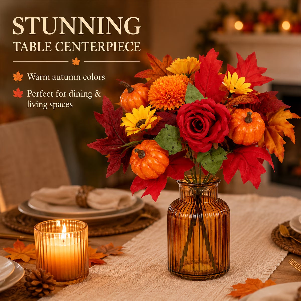 Aesthetic Fall Floral Stems for Thanksgiving Décor - Artificial Leaves for Centerpieces, Pumpkin, Sunflower, and Autumn Greenery for Home and Wedding Design (Set of 4)