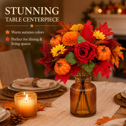 Aesthetic Fall Floral Stems for Thanksgiving Décor - Artificial Leaves for Centerpieces, Pumpkin, Sunflower, and Autumn Greenery for Home and Wedding Design (Set of 4)