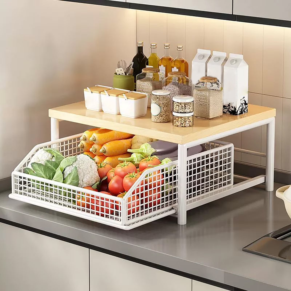 2-Tier Kitchen Countertop Organizer, 9.84X14.57Inch Hardwood Shelf with Drawer and Wire Basket, Space-Saving Storage Stand for Microwave, Coffee Maker, Spice Rack, Pantry Organization for Home
