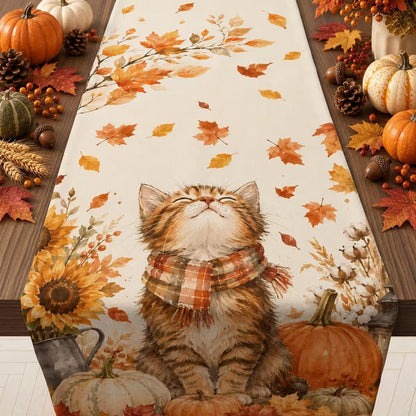 Autumn Cat Pumpkin Table Runner - Elegant Fall Home Decorations for Thanksgiving and Friendsgiving - Ideal Centerpiece for Kitchen, Dining Room, and Office