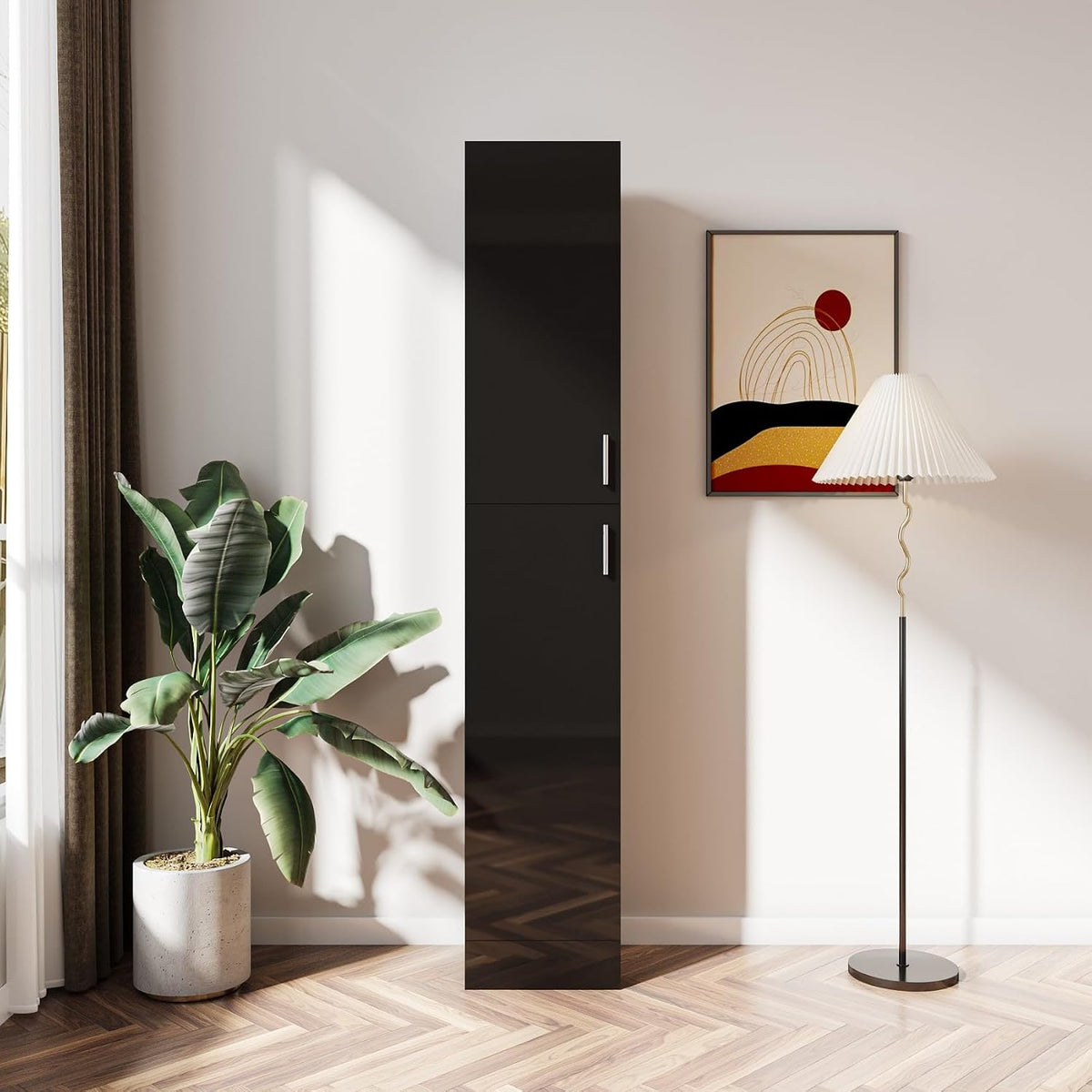 Freestanding Slim Tall Storage Cabinet with Shelves, 2 Door, Wooden Narrow Organizer for Kitchen, Dining, Laundry, Living Room, Bathroom, Garage Pantry, Basement and Mudroom Organizing