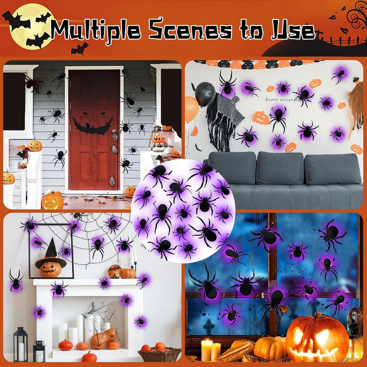 36 Pack Halloween Wall Decor Light up Spiders, Purple