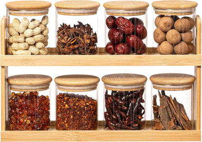 Versatile 2-Tier Bamboo Spice Rack and Pantry Organizer with 8 Glass Jars – Perfect for Countertop Storage in Kitchens to Keep Seasoning Containers Neatly Displayed and Easily Accessible
