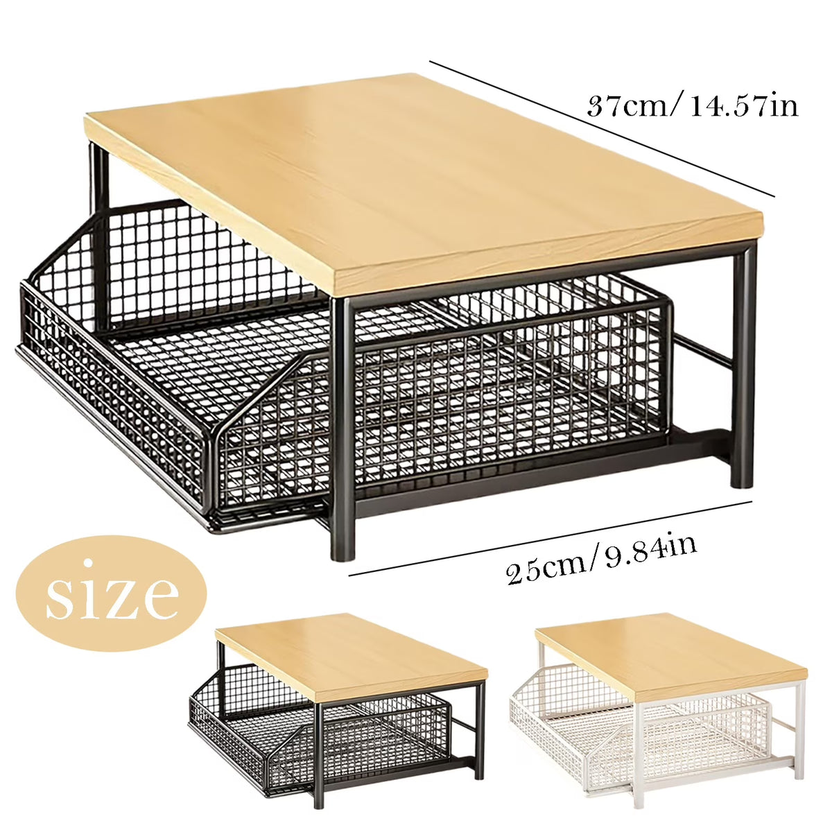 2-Tier Kitchen Countertop Organizer, 9.84X14.57Inch Hardwood Shelf with Drawer and Wire Basket, Space-Saving Storage Stand for Microwave, Coffee Maker, Spice Rack, Pantry Organization for Home