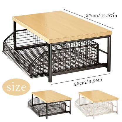 2-Tier Kitchen Countertop Organizer, 9.84X14.57Inch Hardwood Shelf with Drawer and Wire Basket, Space-Saving Storage Stand for Microwave, Coffee Maker, Spice Rack, Pantry Organization for Home