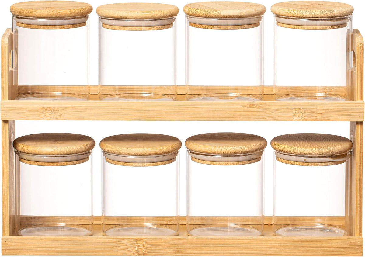 Versatile 2-Tier Bamboo Spice Rack and Pantry Organizer with 8 Glass Jars – Perfect for Countertop Storage in Kitchens to Keep Seasoning Containers Neatly Displayed and Easily Accessible