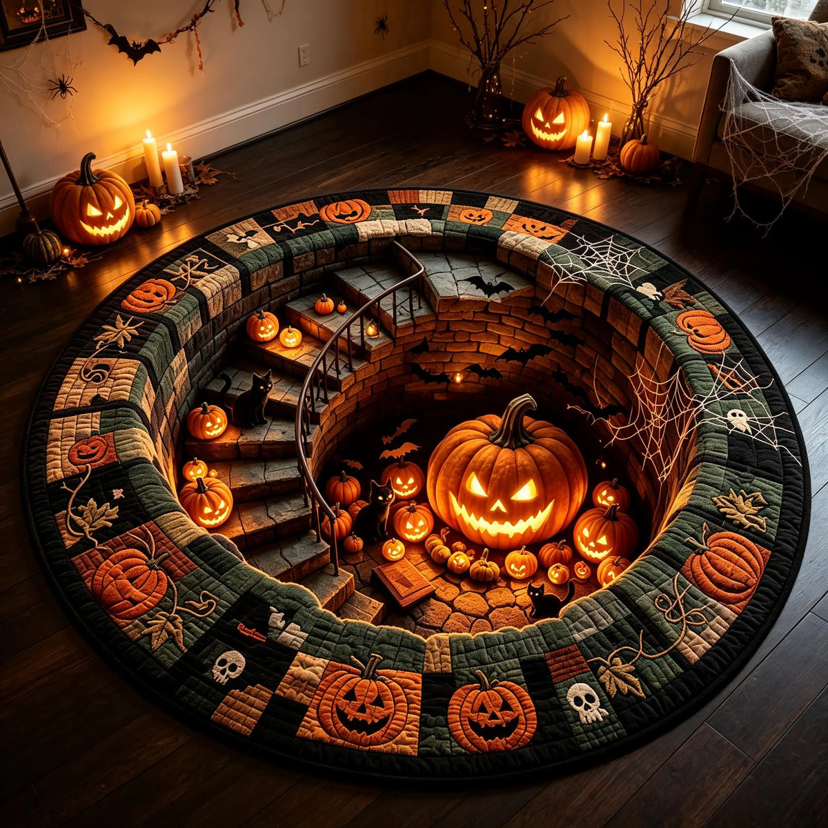 3D Optical Illusion Halloween Round Rug - Gothic Vortex Floor Decor for Spooky Indoor Celebrations and Gifts
