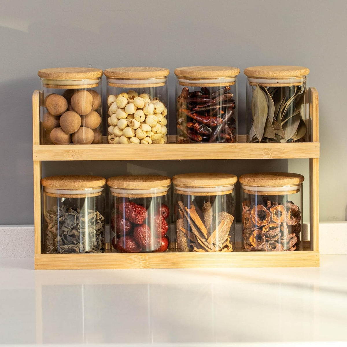 Versatile 2-Tier Bamboo Spice Rack and Pantry Organizer with 8 Glass Jars – Perfect for Countertop Storage in Kitchens to Keep Seasoning Containers Neatly Displayed and Easily Accessible