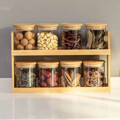 Versatile 2-Tier Bamboo Spice Rack and Pantry Organizer with 8 Glass Jars – Perfect for Countertop Storage in Kitchens to Keep Seasoning Containers Neatly Displayed and Easily Accessible