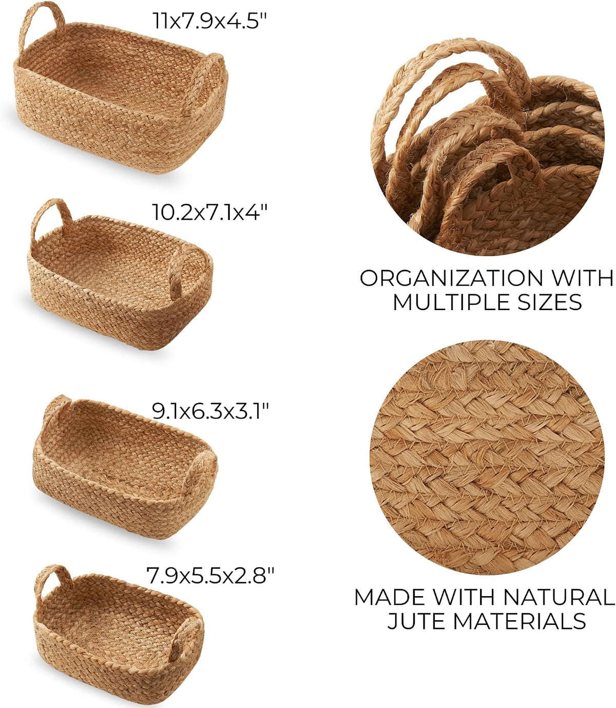 Beautiful Storage Basket Set of 4 - Natural Jute Rope Bins for Shelves
