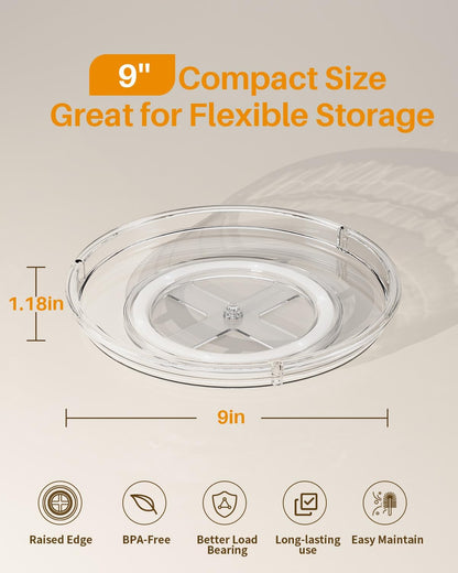 2 Pack Lazy Susan Organizer 9 Inch Lazy Susan Turntable for Cabinet, Rotating Spice Organization for Cabinet, Kitchen, Table Top, Countertop, Pantry Fridge Organizers and Storage, Clear