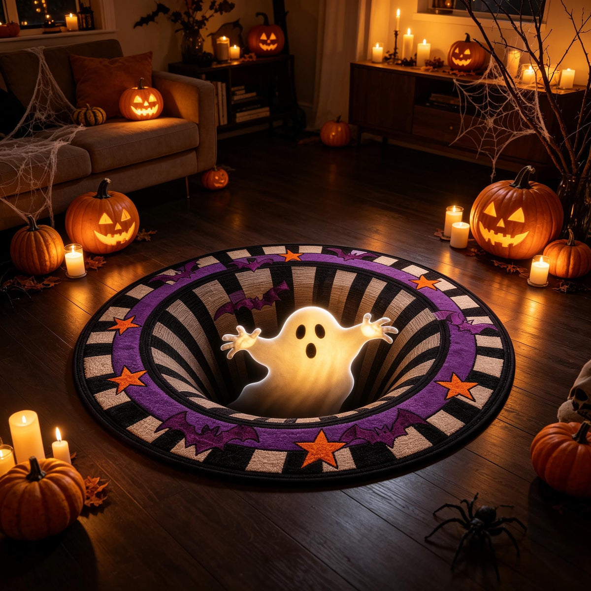 3D Optical Illusion Halloween Round Rug - Gothic Vortex Floor Decor for Spooky Indoor Celebrations and Gifts