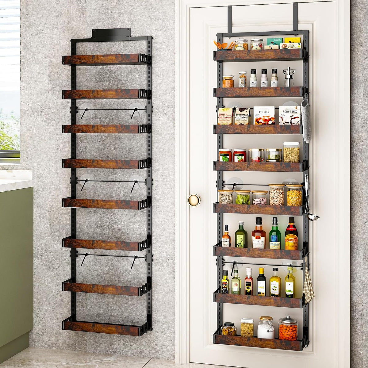 8-Tier over the Door Pantry Organizer, Adjustable Wooden Basket