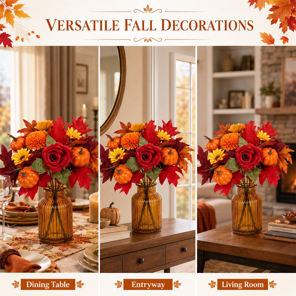 Aesthetic Fall Floral Stems for Thanksgiving Décor - Artificial Leaves for Centerpieces, Pumpkin, Sunflower, and Autumn Greenery for Home and Wedding Design (Set of 4)