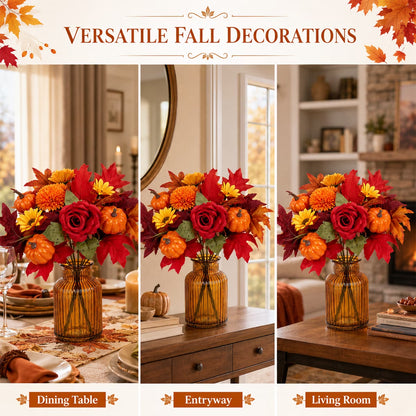 Aesthetic Fall Floral Stems for Thanksgiving Décor - Artificial Leaves for Centerpieces, Pumpkin, Sunflower, and Autumn Greenery for Home and Wedding Design (Set of 4)