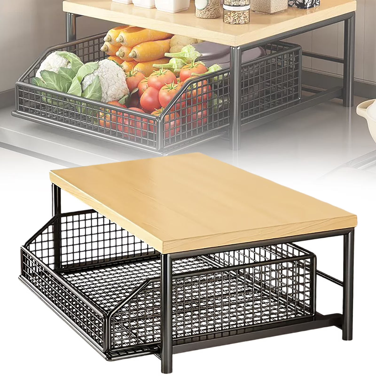 2-Tier Kitchen Countertop Organizer, 9.84X14.57Inch Hardwood Shelf with Drawer and Wire Basket, Space-Saving Storage Stand for Microwave, Coffee Maker, Spice Rack, Pantry Organization for Home