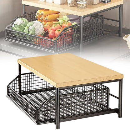 2-Tier Kitchen Countertop Organizer, 9.84X14.57Inch Hardwood Shelf with Drawer and Wire Basket, Space-Saving Storage Stand for Microwave, Coffee Maker, Spice Rack, Pantry Organization for Home