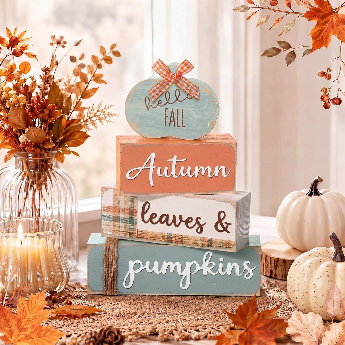 Set of 4 Wooden Pumpkin Centerpieces for Fall Table Decoration
