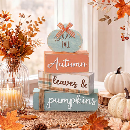 Set of 4 Wooden Pumpkin Centerpieces for Fall Table Decoration