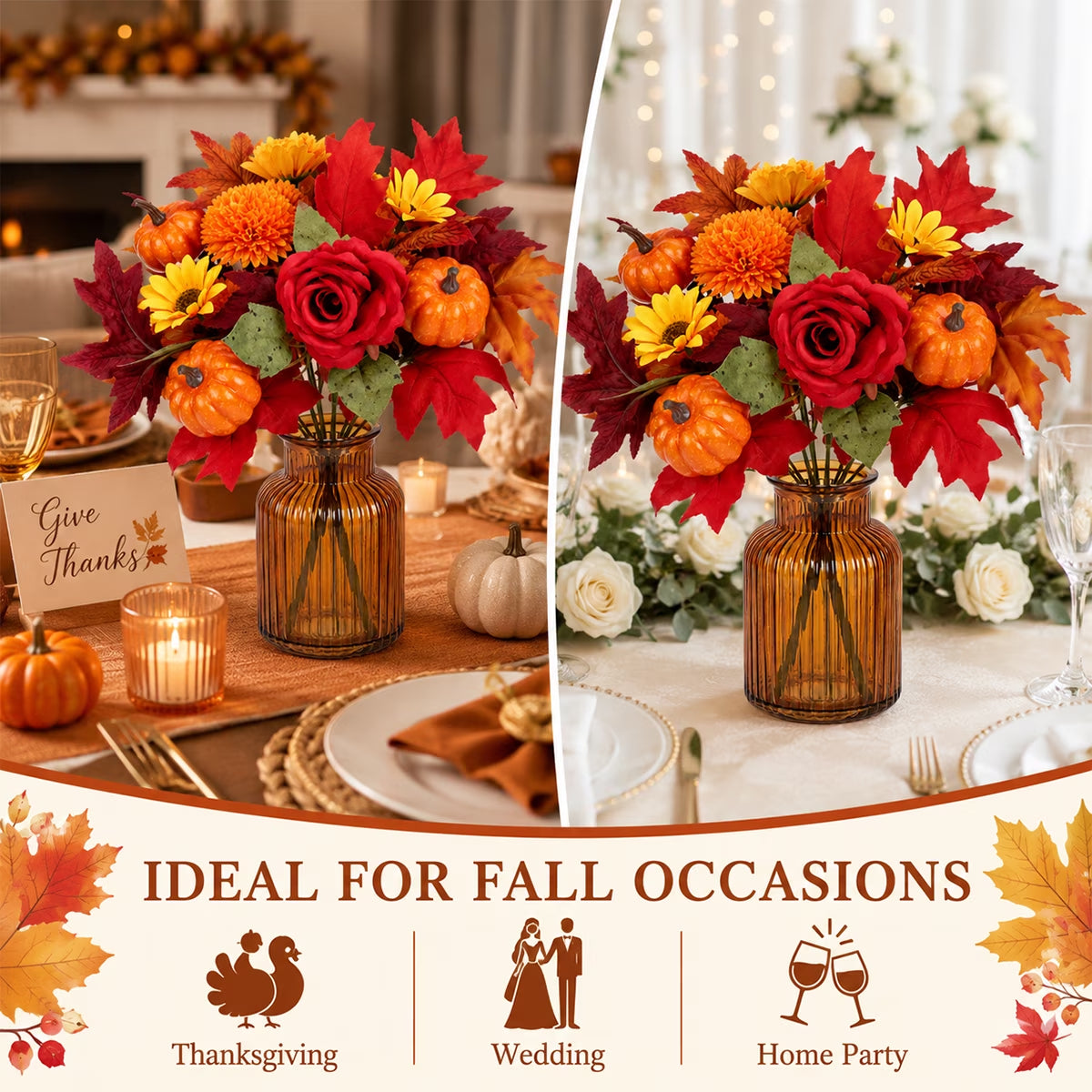 Aesthetic Fall Floral Stems for Thanksgiving Décor - Artificial Leaves for Centerpieces, Pumpkin, Sunflower, and Autumn Greenery for Home and Wedding Design (Set of 4)