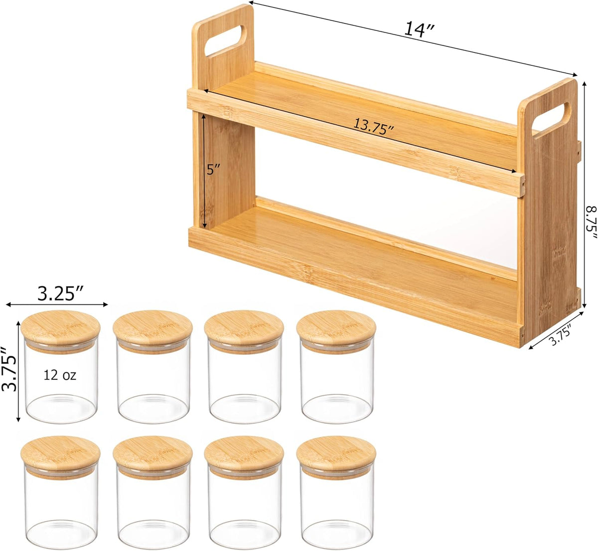 Versatile 2-Tier Bamboo Spice Rack and Pantry Organizer with 8 Glass Jars – Perfect for Countertop Storage in Kitchens to Keep Seasoning Containers Neatly Displayed and Easily Accessible