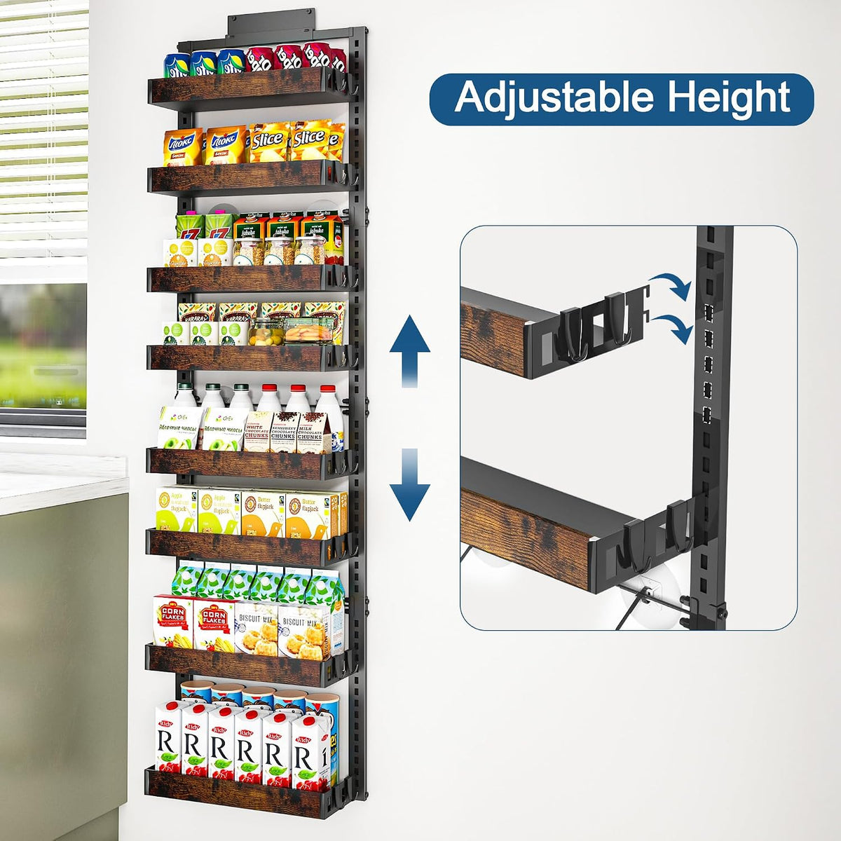 8-Tier over the Door Pantry Organizer, Adjustable Wooden Basket