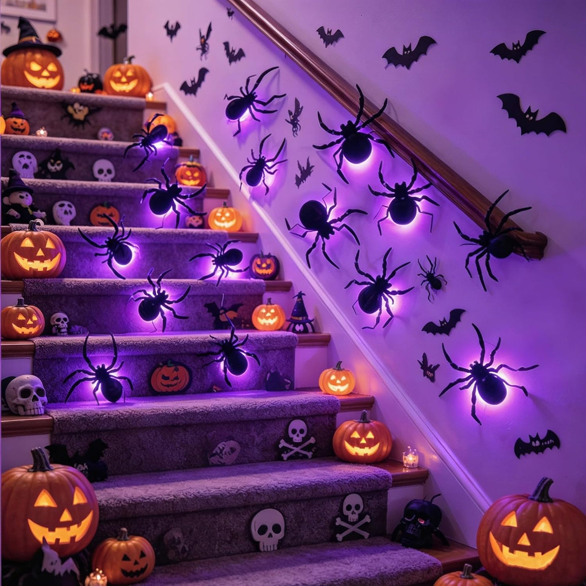 36 Pack Halloween Wall Decor Light up Spiders, Purple