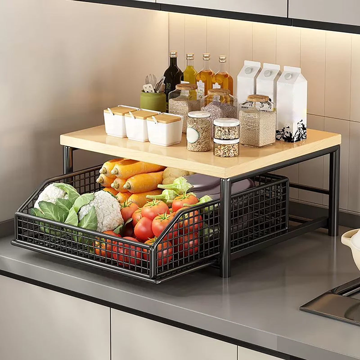 2-Tier Kitchen Countertop Organizer, 9.84X14.57Inch Hardwood Shelf with Drawer and Wire Basket, Space-Saving Storage Stand for Microwave, Coffee Maker, Spice Rack, Pantry Organization for Home