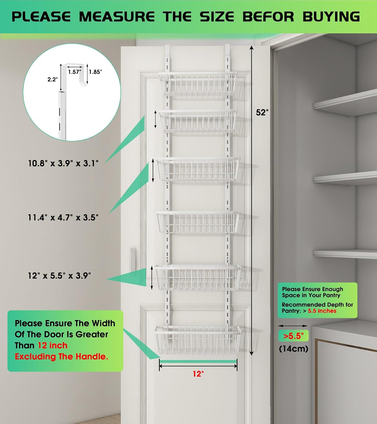 12 Inch Wide Narrow over the Door Pantry Organizer 6-Tier White