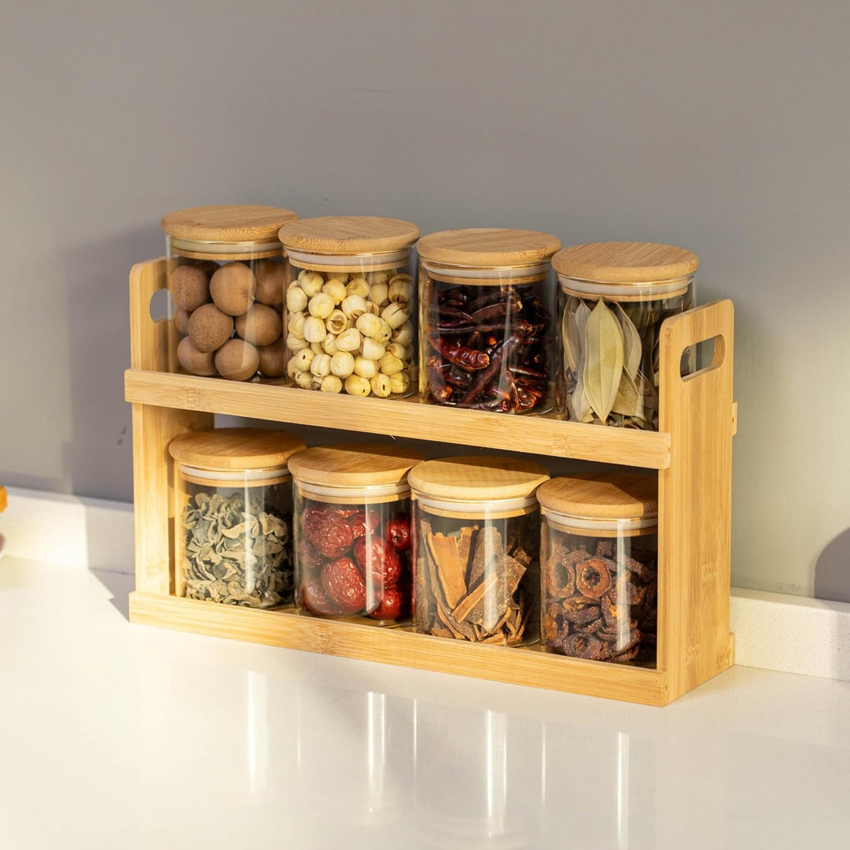Versatile 2-Tier Bamboo Spice Rack and Pantry Organizer with 8 Glass Jars – Perfect for Countertop Storage in Kitchens to Keep Seasoning Containers Neatly Displayed and Easily Accessible