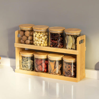 Versatile 2-Tier Bamboo Spice Rack and Pantry Organizer with 8 Glass Jars – Perfect for Countertop Storage in Kitchens to Keep Seasoning Containers Neatly Displayed and Easily Accessible