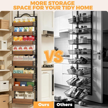 8-Tier Pantry Door Organizer, over the Door Pantry Organizer with Wooden Adjustable Baskets, 2 in 1 Spice Rack Wall Mount or Door Organizer, Door Spice Rack（12.4"W X 5.5"D X 66.1"H,1 Pack, Black)