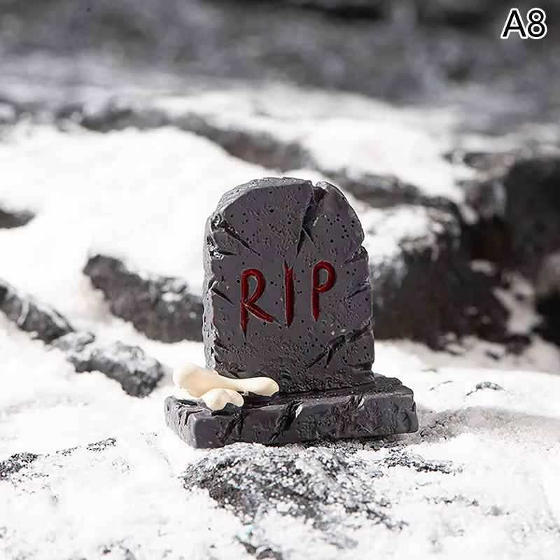 Halloween-Themed Resin Ghost Skull Tombstone Miniature Figurines for Dollhouse and Home Decor