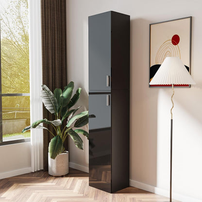 Freestanding Slim Tall Storage Cabinet with Shelves, 2 Door, Wooden Narrow Organizer for Kitchen, Dining, Laundry, Living Room, Bathroom, Garage Pantry, Basement and Mudroom Organizing