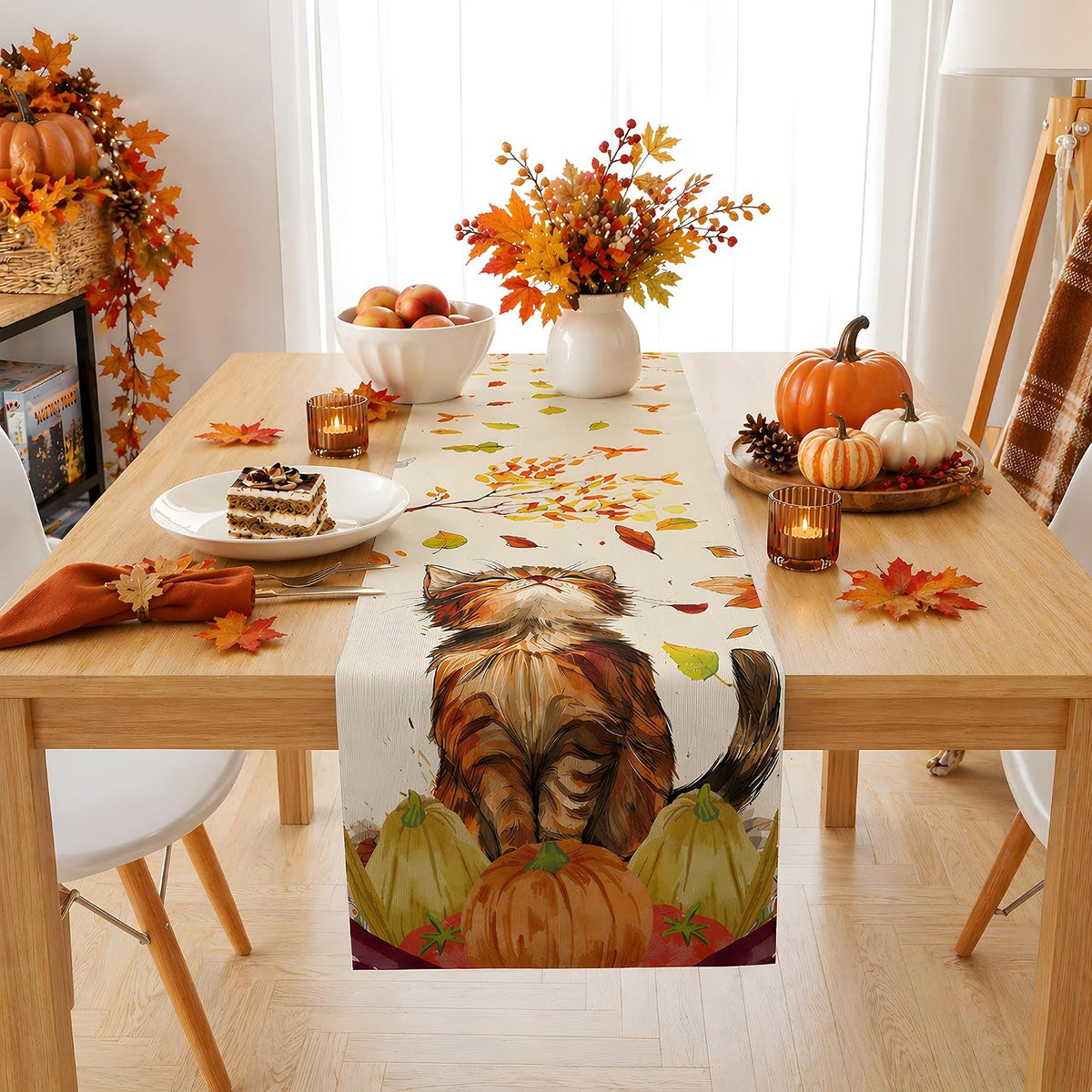 Autumn Cat Pumpkin Table Runner - Elegant Fall Home Decorations for Thanksgiving and Friendsgiving - Ideal Centerpiece for Kitchen, Dining Room, and Office