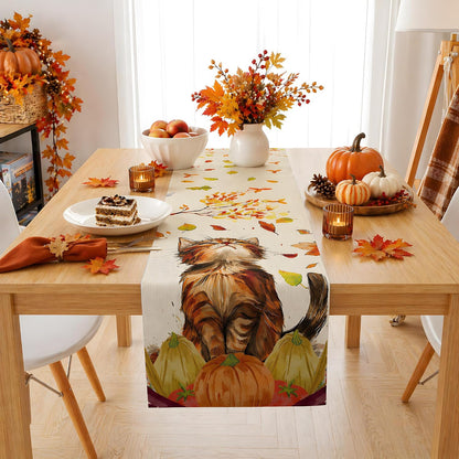 Autumn Cat Pumpkin Table Runner - Elegant Fall Home Decorations for Thanksgiving and Friendsgiving - Ideal Centerpiece for Kitchen, Dining Room, and Office
