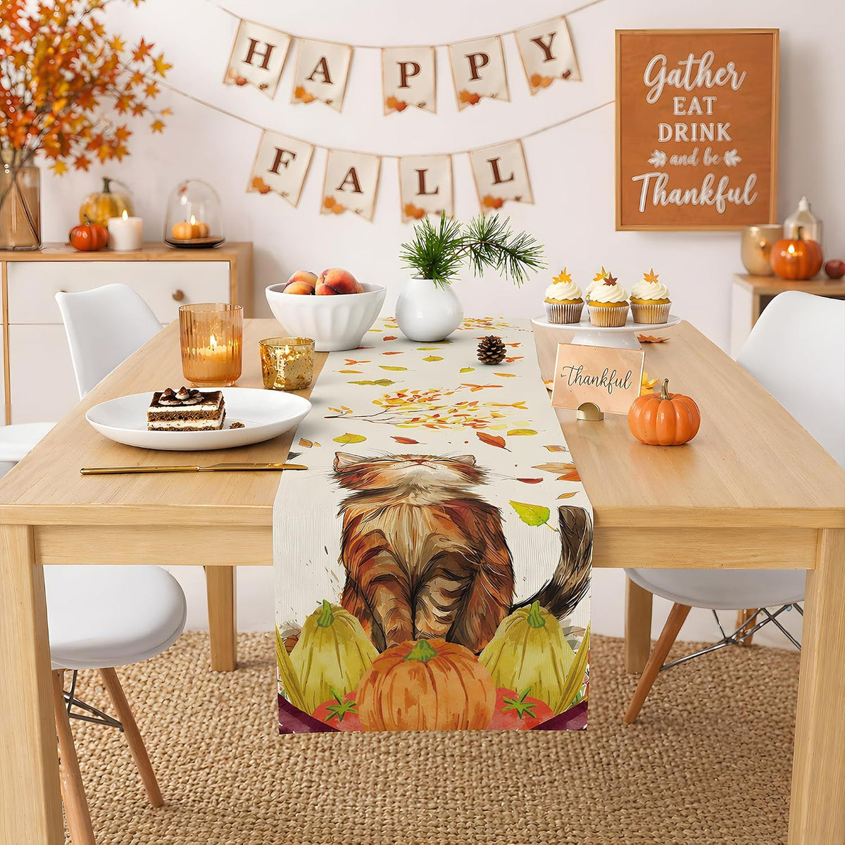 Autumn Cat Pumpkin Table Runner - Elegant Fall Home Decorations for Thanksgiving and Friendsgiving - Ideal Centerpiece for Kitchen, Dining Room, and Office
