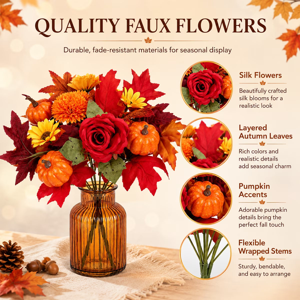 Aesthetic Fall Floral Stems for Thanksgiving Décor - Artificial Leaves for Centerpieces, Pumpkin, Sunflower, and Autumn Greenery for Home and Wedding Design (Set of 4)